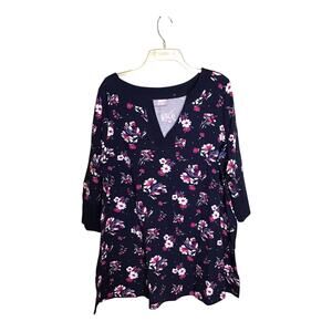 Woman Within navy blue floral swing Tunic three-quarter bell sleeves V-neck